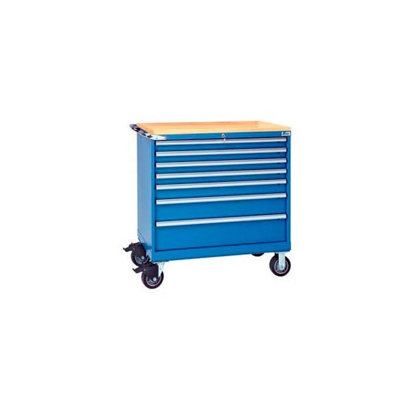 Lista International Lista 7 Drawer 40-1/4" Shallow Depth Mobile Cabinet w/Butcher Top-Bright Blue, No Lock XSHS0750-0701M-BTBBNL - main